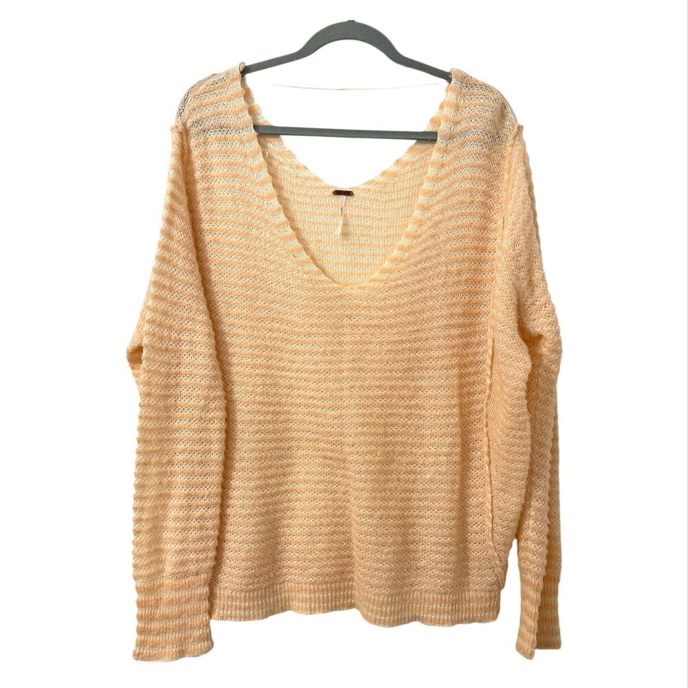 Free‎ People Open Knit Sweater Top Medium Peach Cream Linen Wool Boho Oversized